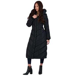Steve Madden XS Women Pillow Collar Long Puffer Chevron Winter Coat Jacket Black